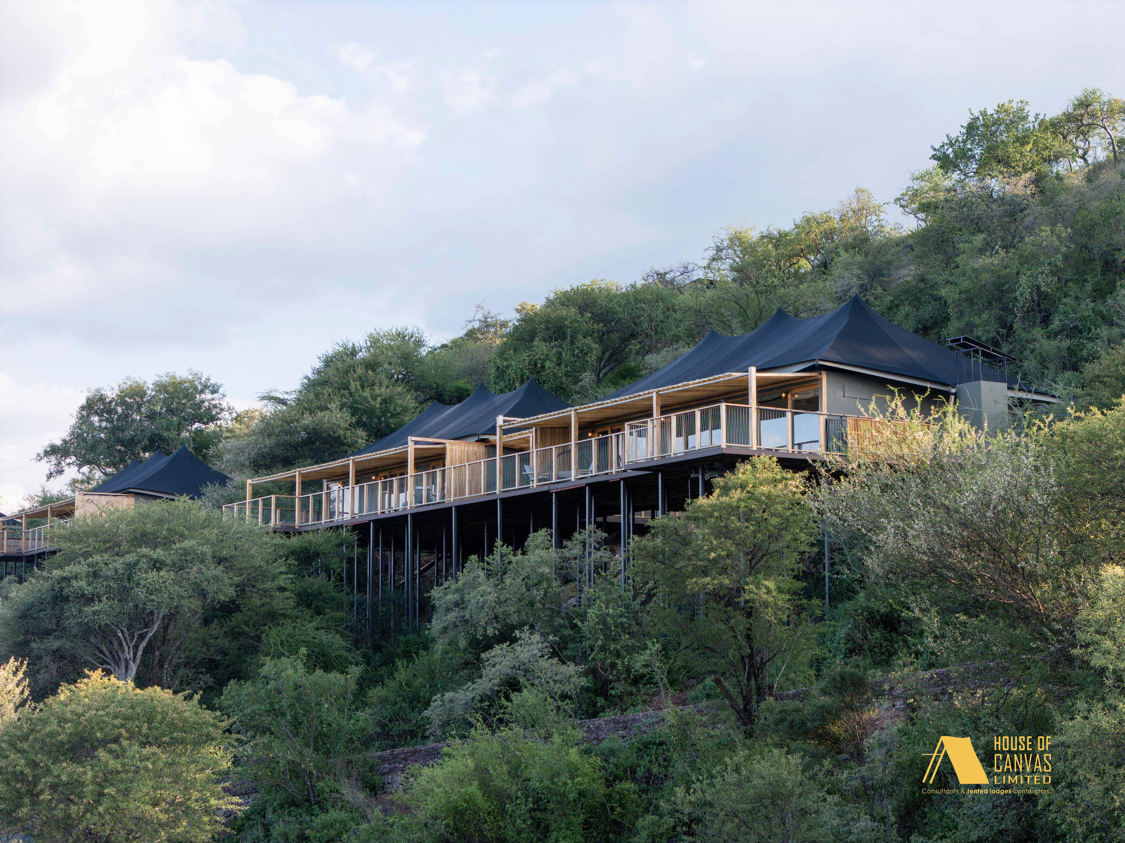 Bird's eye view of safari tent complex