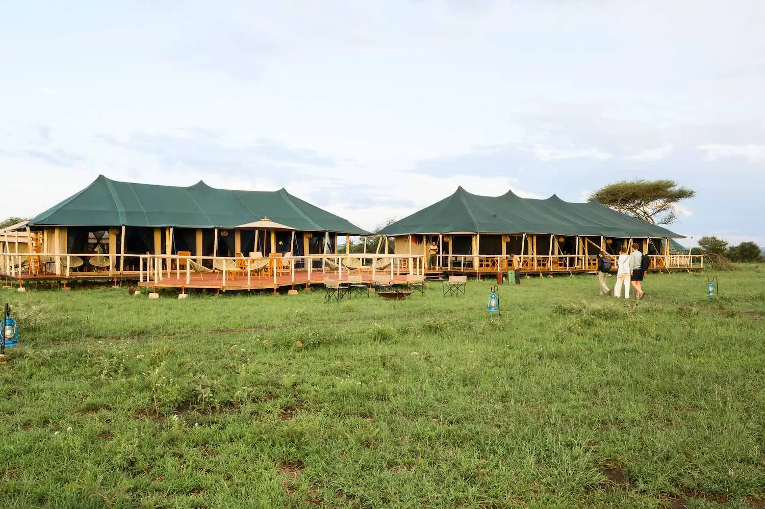 Safari camp exterior with multiple tents and natural grassland setting